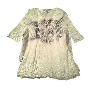 Anis A Women's Sheer Overlay Tunic Top M Whimsigoth Y2K flier de lis anmal print